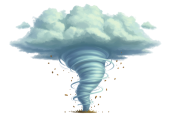 Whirlwind PNG isolated on transparent background, swirling tornado with debris and clouds, natural disaster weather phenomenon