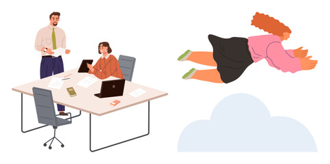 Businesspeople collaborate at a desk with laptops and documents while a woman flies above clouds, symbolizing ambition, innovation, and balance. Ideal for teamwork, creativity, freedom, aspiration
