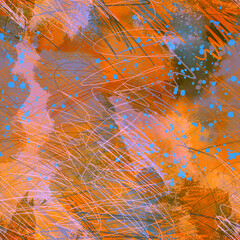 Abstract chaotic scribble art seamless pattern. Hand drawn expressive line design with watercolor texture and mixed media layers. Dynamic background for textile, fabric, wrapping paper, fashion prints