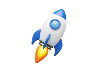 Cartoon rocket ship PNG isolated on transparent background, 3D render of a spaceship taking off for space exploration and science fiction