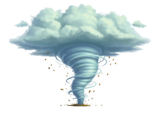 Whirlwind PNG isolated on transparent background, swirling tornado with debris and clouds, natural disaster weather phenomenon