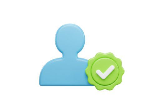 Light blue user icon with green check mark isolated PNG, verified profile symbol on transparent background for social media and web design
