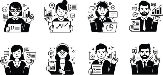 Diverse business professionals presenting data charts and graphs in a modern infographic style