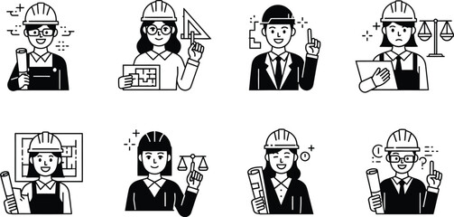 Diverse group of architects and engineers in hard hats holding blueprints and tools representing construction and design professions