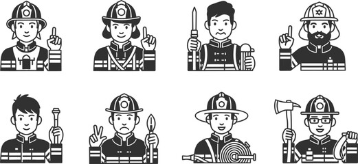 Diverse group of cartoon firefighters wearing helmets and uniforms holding various tools and equipment in a simple flat icon style