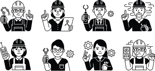 Diverse group of industrial workers and engineers holding tools and gadgets expressing various emotions and ideas