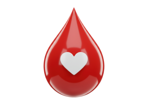 Red blood drop with heart inside isolated PNG, symbol of love and donation on transparent background Healthcare and medical concept