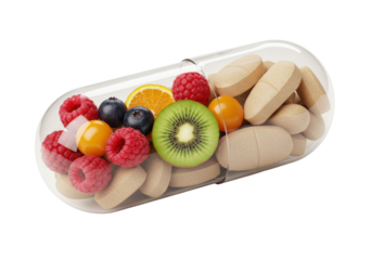 Multivitamin capsule with fruits and pills PNG isolated on transparent background, healthy diet supplement for wellness and nutrition