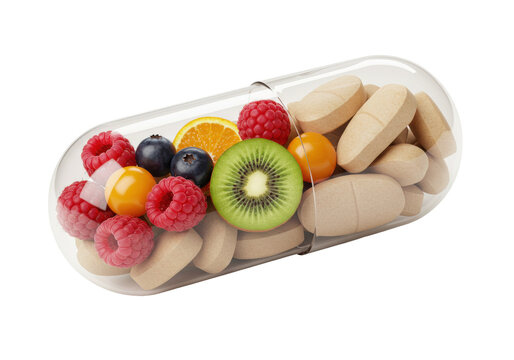 Multivitamin capsule with fruits and pills PNG isolated on transparent background, healthy diet supplement for wellness and nutrition