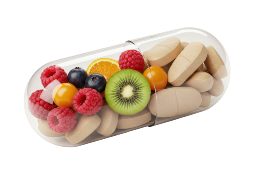 Multivitamin capsule with fruits and pills PNG isolated on transparent background, healthy diet supplement for wellness and nutrition