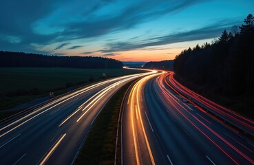 Highway with cars driving at dusk. Long exposure photo captures lights trails of vehicles. Road curves through forest and green fields under colorful sky with clouds.