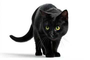 A sleek black cat with mesmerizing green eyes, staring intently. Its elegant posture and the intense look create an alluring image