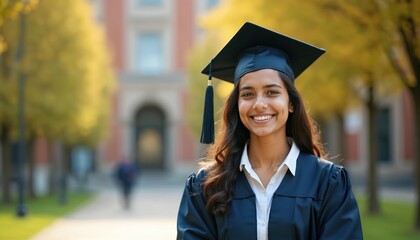 Happy indian woman in graduation gown. Graduate holds diploma at college. Wears academic dress, mortarboard. Student celebrates degree. Education success on campus at sunny day. Future career