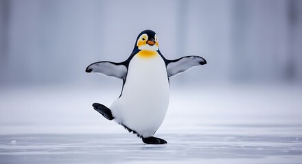 Fototapeta premium Penguin gracefully gliding on ice, showcasing balance and elegance in winter wonderland.