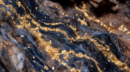 Close-up of gold ore embedded in rock surface, metallic veins shimmering under flashlight in dark mine tunnel