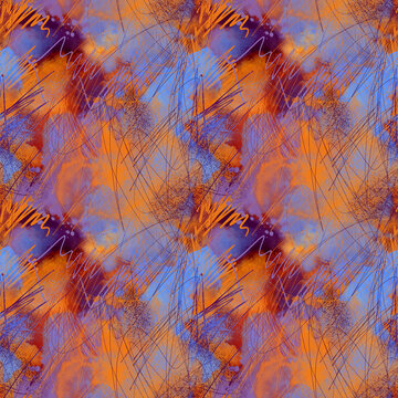 Abstract chaotic scribble art seamless pattern. Hand drawn expressive line design with watercolor texture and mixed media layers. Dynamic background for textile, fabric, wrapping paper, fashion prints