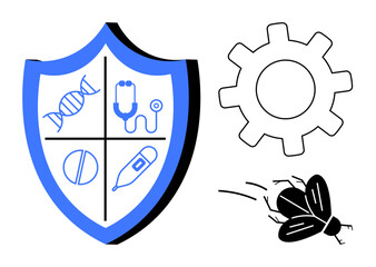 Obraz premium Blue shield divided into health-related sections with DNA, stethoscope, pill, thermometer. Nearby gear and bug symbolize innovation, diagnostics, disease prevention. Ideal for healthcare