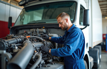Bearded mechanic repairs truck. Man in blue uniform fix vehicle motor in garage. Automotive service expert work. Pro truck checkup, engine maintenance. Vehicle malfunction, repair process in workshop.