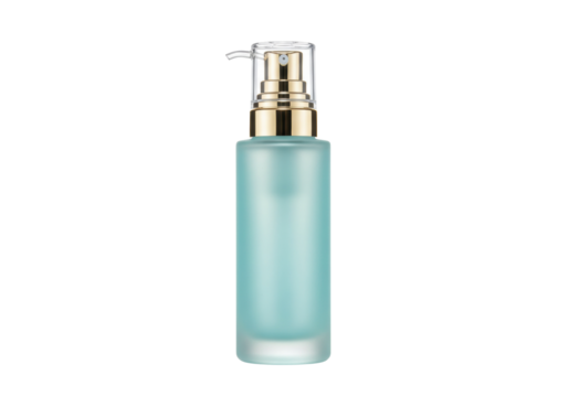 Elegant light blue cosmetic bottle with gold accents isolated PNG, skincare product container on transparent background for beauty and personal care