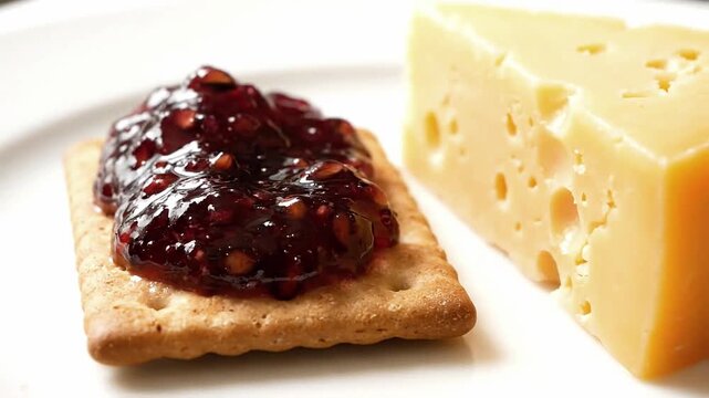 Fig jam is spread on a cracker next to a wedge of sharp cheddar.