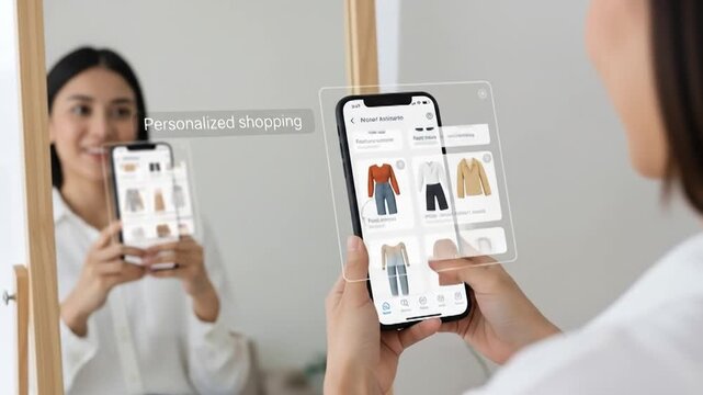 Woman using app to shop clothing virtually in front of mirror