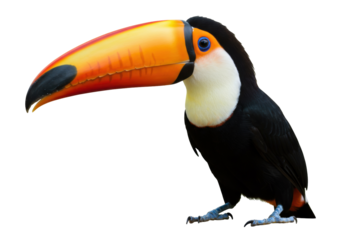 Colorful toucan with large beak isolated PNG, tropical bird with black plumage and vibrant orange bill on transparent background