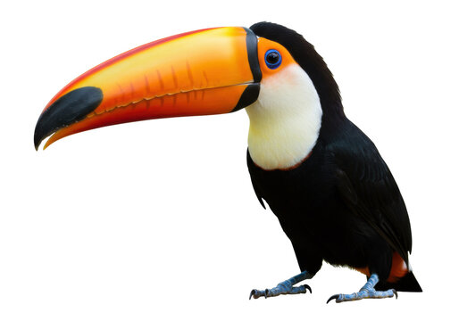 Colorful toucan with large beak isolated PNG, tropical bird with black plumage and vibrant orange bill on transparent background