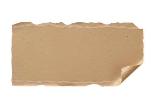 Torn piece of brown paper with curled corner isolated on transparent background, craft paper texture for scrapbooking and design