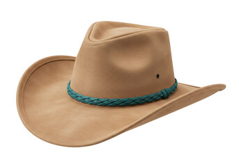 Tan suede cowboy hat with green braided band isolated, western fashion accessory for outdoor adventures and country lifestyle