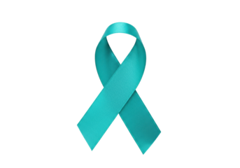 Teal awareness ribbon PNG isolated on transparent background, symbol for ovarian cancer and PTSD support