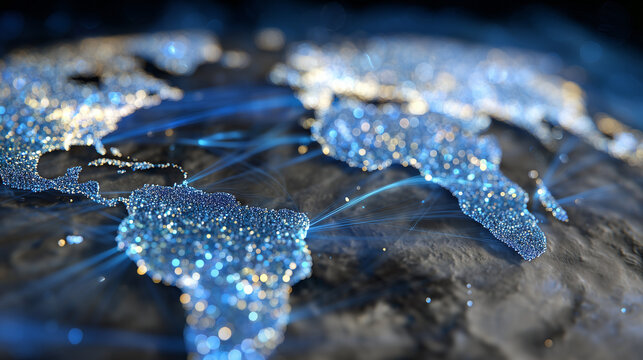 Macro shot of shimmering rare earth particles with transparent overlay of world map, arrows showing restricted trade flows and policy influence