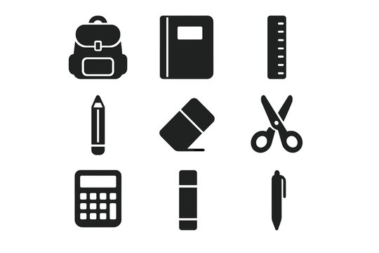 School supplies silhouette icon set. featuring backpack, notebook, ruler, pencil, eraser, scissors, calculator, glue, and pen