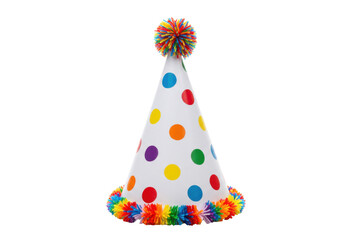 Colorful polka dot party hat with pompom and fringe isolated PNG, fun celebration headwear for birthday or festive event on transparent background
