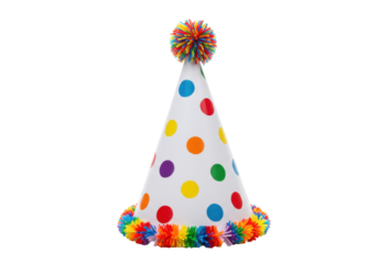 Colorful polka dot party hat with pompom and fringe isolated PNG, fun celebration headwear for birthday or festive event on transparent background