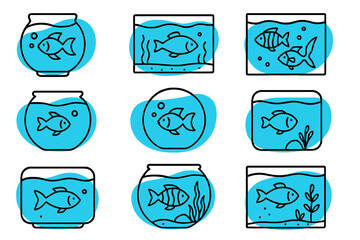 Fish aquarium linear icon set. featuring fishbowl, coral, marine, seaweed, bubble, waves, water elements