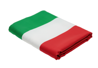 Folded Italian flag isolated on transparent background, national symbol of Italy in green white and red colors, fabric texture