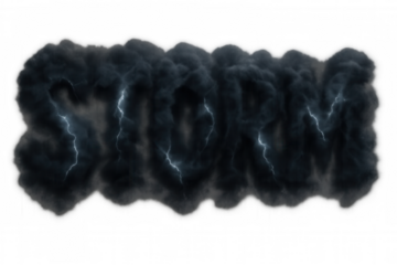 Storm text forming from dark clouds with lightning strikes, visualizing bad weather condition, transparent background