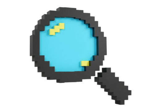 Pixel art magnifying glass PNG isolated on transparent background, 8-bit style search icon for retro games and graphic design projects