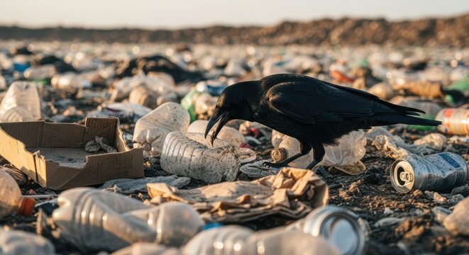 Crow scavenging plastic waste at landfill site