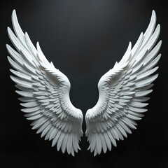 Obraz premium White angel wings on black background. The illustration features detailed feathers. Angel wings represent freedom purity faith and protection. Suitable for artistic projects and spiritual themes.