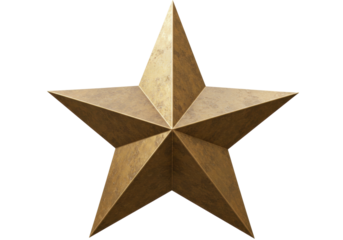 Golden five-pointed star isolated PNG, metallic award symbol on transparent background for graphic design and decoration use