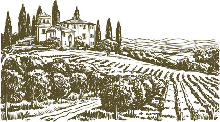 Tuscan Countryside Landscape Vintage Vector Illustration