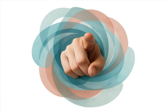 Human hand pointing index finger forward through a colorful abstract vortex, selecting or choosing concept on transparent background