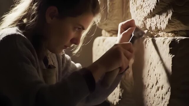 A woman carefully chiseling stone with a small tool in a dimly lit workshop environment indoors