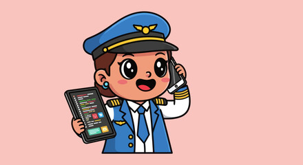 Cartoon pilot on phone holding tablet with coding on a pink background