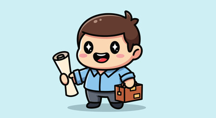 Cartoon architect smiles, holding blueprints & briefcase, on light blue