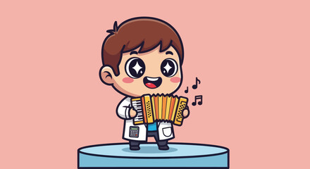 Cartoon doctor playing accordion on platform, musical notes