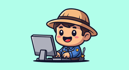 Cartoon ranger at computer