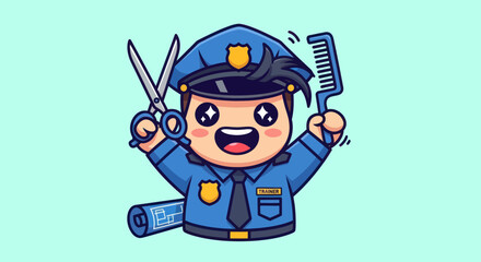 Cartoon cop holding scissors and comb with blueprint on blue background