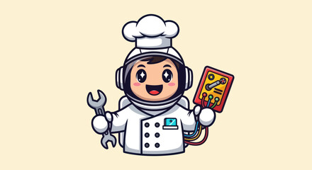 Cartoon astronaut chef, smiling, holding a wrench and electronic gadget